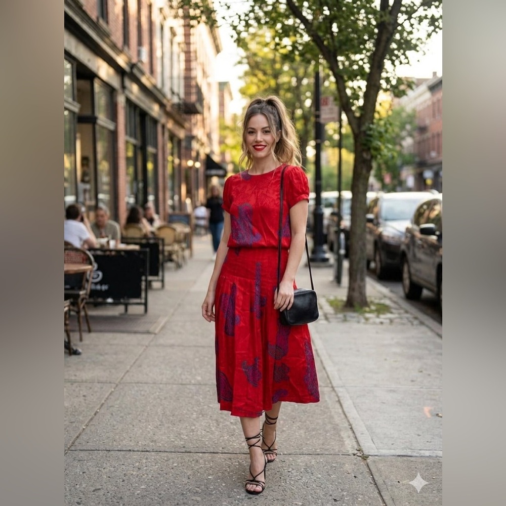VNTG ADRIANNA PAPELL red silk midi pleated dress modest retro chic boho size 4